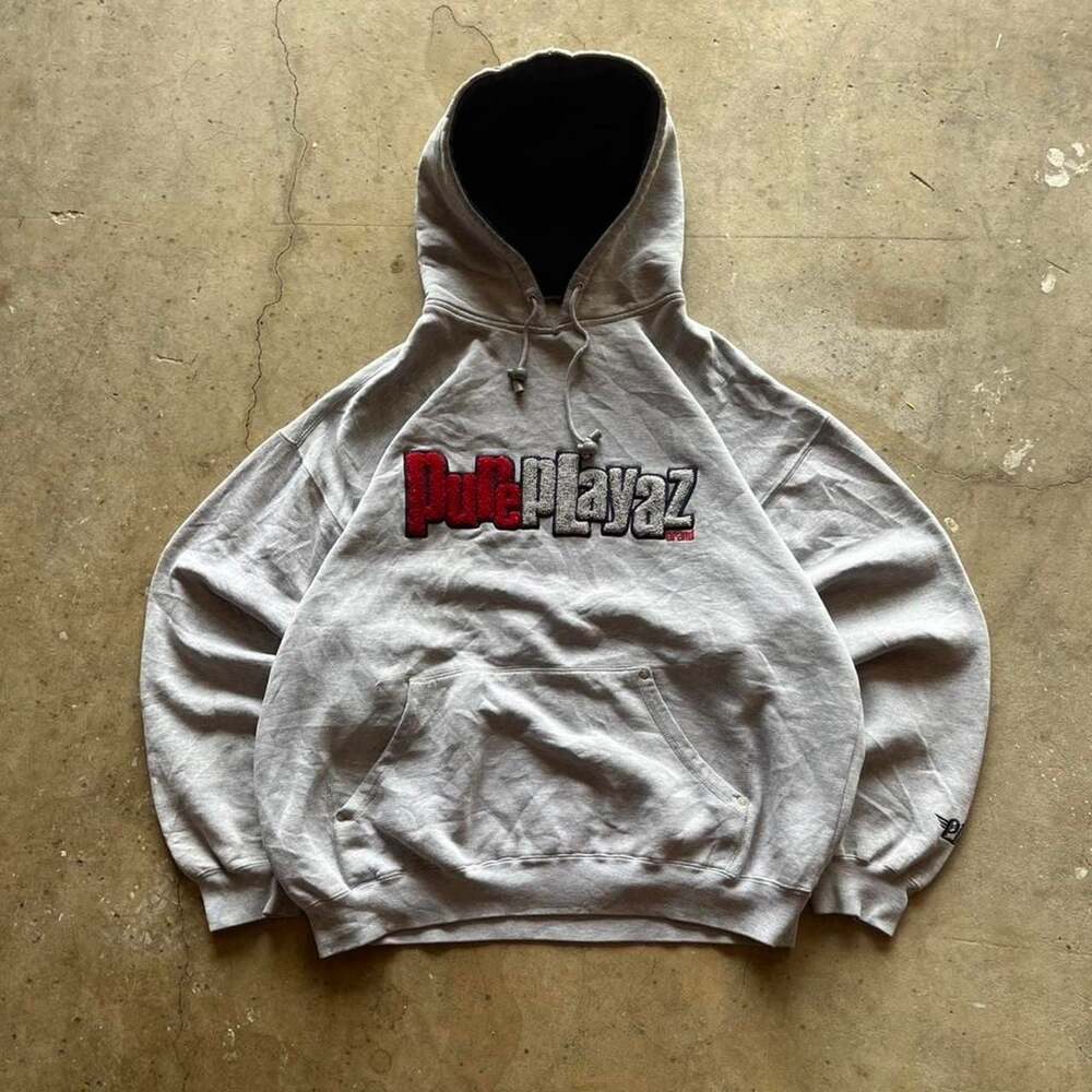 Vintage Y2K Pure Playaz Puff Embroidered Hoodie Grey Boxy Fit Size Large